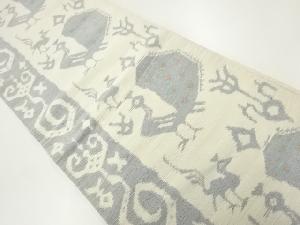 アンティーク　手織り紬花鳥模様織出し袋帯（材料）